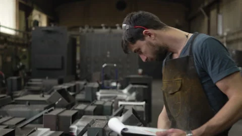 Factory worker checking metal parts inventory 스톡 동영상 334723084