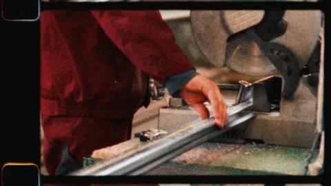Factory worker cutting metal profile with circular saw Stock Footage 345599858