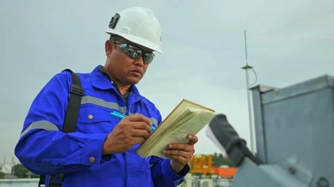 Factory worker to daily check equipment in factory and recort to note book Stock Footage 149590705