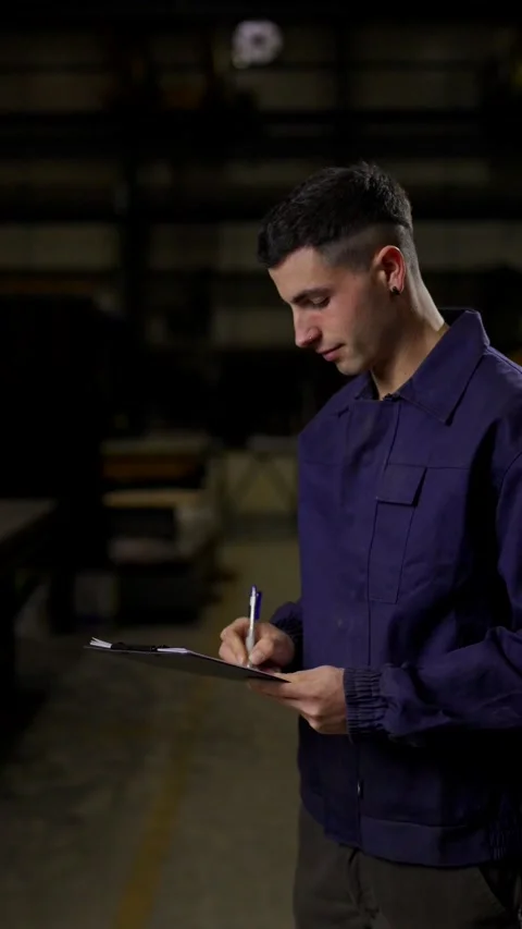 Factory worker doing inventory and looking at camera Video stock 266343652