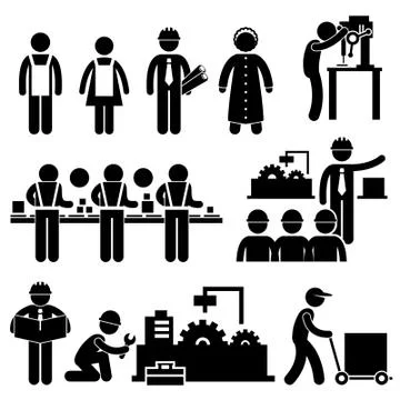 Factory Worker Engineer Manager Supervisor Working Stick Figure Pictogram Icon Stock Illustration