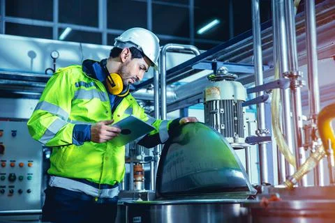 Factory worker engineer working in factory using tablet computer to check mai Stock Photos