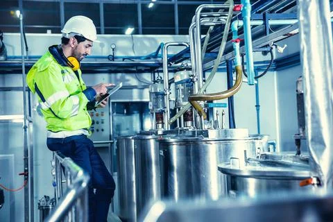 Factory worker engineer working in factory using tablet computer to check mai Stock Photos