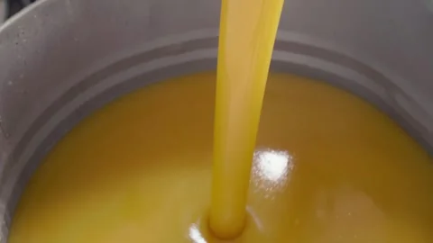 Factory worker feeling a barrel with homogenized honey with many barrels on the Vidéo 248364741