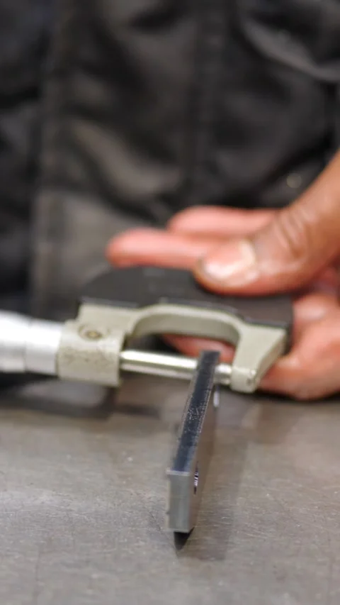 Factory worker measuring the size of a metal piece 스톡 동영상 260271649