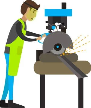 Factory worker at metal cutting machine vector icon isolated on white Stock Illustration