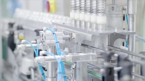 Factory worker operates bottling machinery on the production line. Stock Footage 159722686