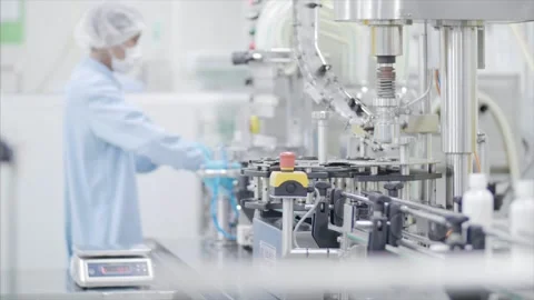 Factory worker operates bottling machinery on the production line. Stock Footage 159722698