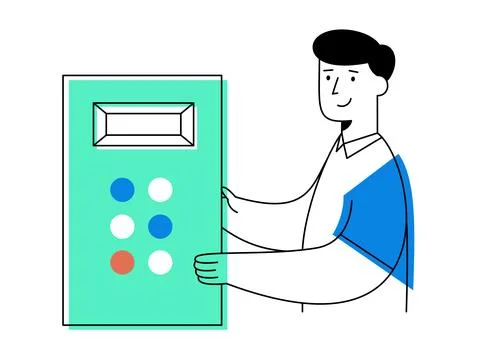 Factory worker operating machine control panel with blue and red buttons, s.. イラスト素材