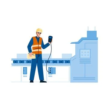 Factory worker operating machinery on conveyor belt system Stock Illustration