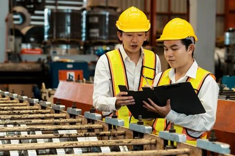 Factory worker operating metal stamping machine with engineer. Exemplifying Stock Photos