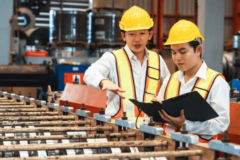Factory worker operating metal stamping machine with engineer. Exemplifying Stock Photos