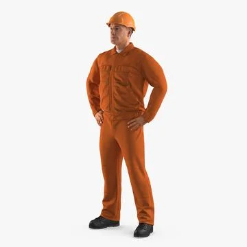 Factory Worker Orange Overalls with Hardhat Standing Pose 3D Model