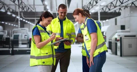 Factory Worker Osha Inspection Using Tablet Computer Stock Photos