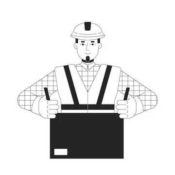 Factory worker packing cardboard box black and white 2D line character Stock Illustration