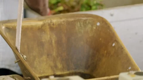 Factory worker pouring fresh tea leaves into processing machine. Tea factory Stock Footage 290492427