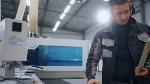 Factory worker is programming a CNC milling machine, making chipboard or wooden 库存影片 226359481