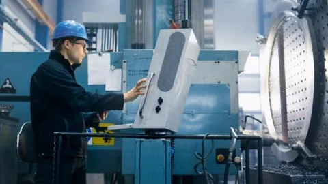 Factory worker is programming a CNC milling machine with a tablet computer. Stock Photos
