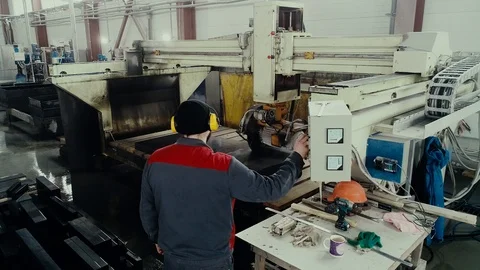 Factory worker programs factory CNC machine. Processing, granite cutting Video stock 106452417