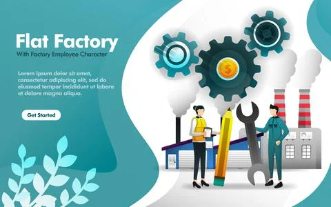 Factory worker standing in front of the factory building in flat style. can u Stock Illustration