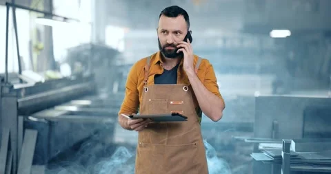 Factory worker with tablet and phone at the manufacturing Stock Footage 147289380