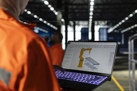 Factory worker using automation software connected to robot machinery Stock Photos