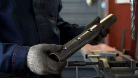 Factory Worker is visually checking the quality of the produced metal tube Stock-Footage 195636510