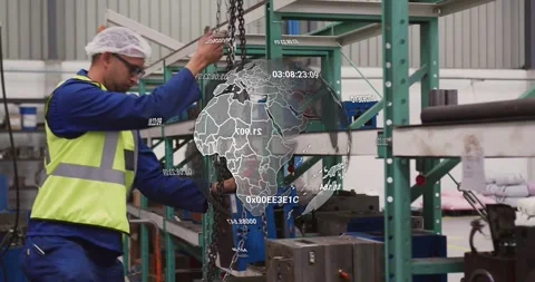 Factory worker walking to rack feeding chain lifting mold checking while data Stock Footage 333833728