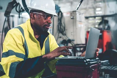 Factory worker working with laptop computer to do adept procedure checklist Stock Photos