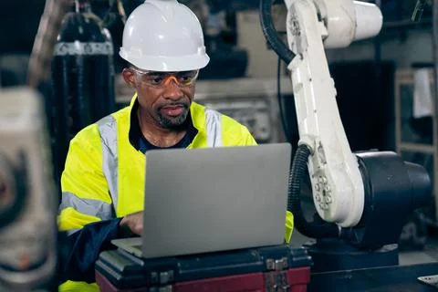 Factory worker working with laptop computer to do adept procedure checklist Stock Photos