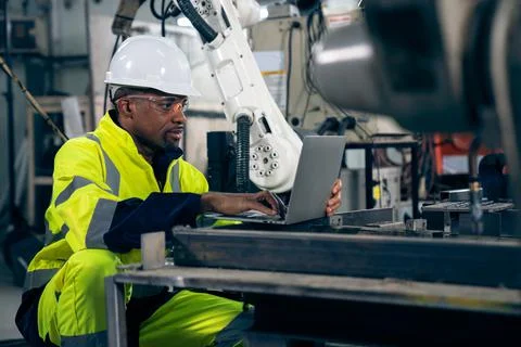Factory worker working with laptop computer to do adept procedure checklist Stock Photos