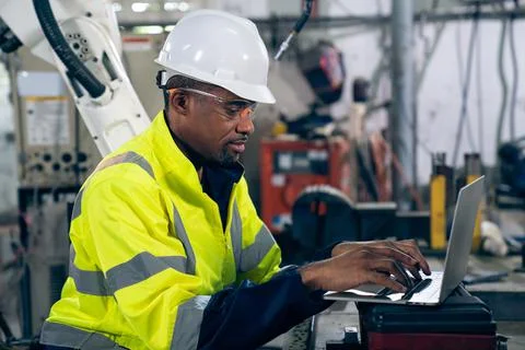 Factory worker working with laptop computer to do adept procedure checklist Stock Photos