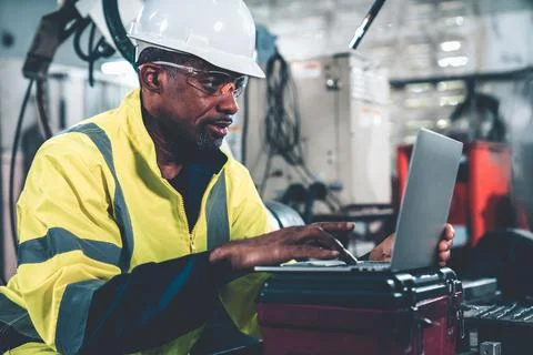 Factory worker working with laptop computer to do adept procedure checklist Stock Photos