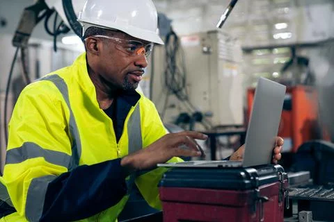 Factory worker working with laptop computer to do adept procedure checklist Stock Photos