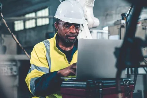 Factory worker working with laptop computer to do adept procedure checklist Stock Photos