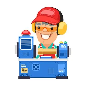 Factory Worker is Working on Lathe Machine Stock Illustration