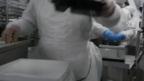 Factory worker works on conveyor packaging products. Ready-made food product Stock Footage 165291499