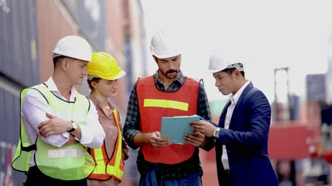 Factory workers and business man meeting and discussion with paper file report. Stock Footage 138653172