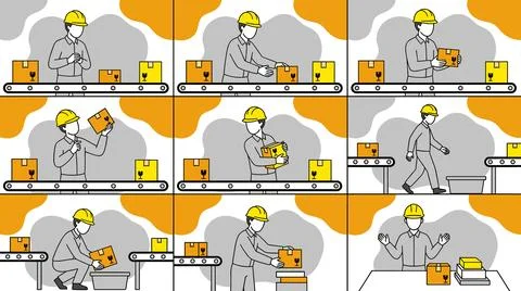 Factory Workers Assembling and Packing Boxes on a Conveyor Belt. Stock Illustration