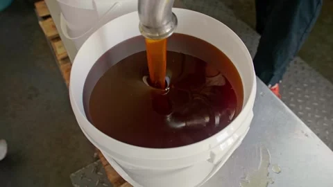 Factory workers filling out pails with honey Stock Footage 248362184