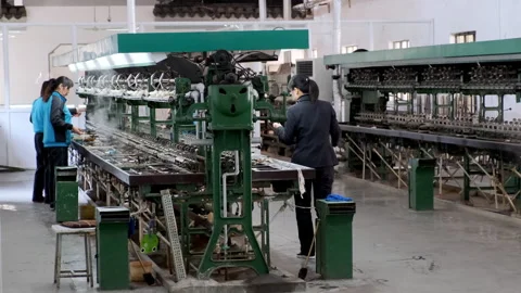 Factory workers operate steaming industrial silk reeling machinery to extract Stock Footage 341634386