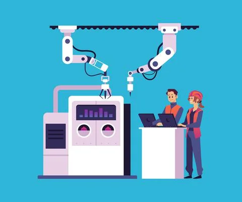 Factory workers or engineers control robotic hands with laptop, flat vector Stock Illustration