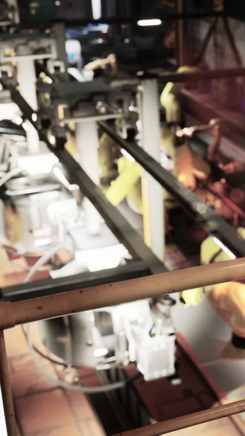 Factory workers perform tasks on production line in large industrial space Stock Footage 341045419