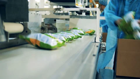 Factory workers puts bags with chips into a box from a conveyor. Stock Footage 104968342