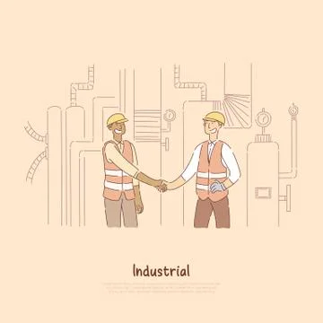 Factory workers shaking hands, engineers, colleagues, partners with hardhats, Stock Illustration