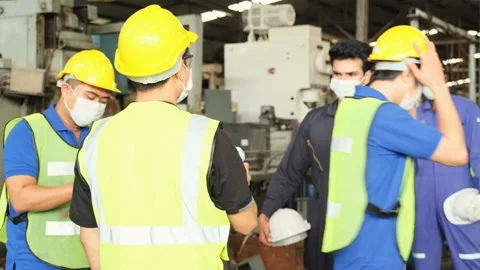 Factory workers standing on queue for check heat body temperature. Stock Footage 141235877