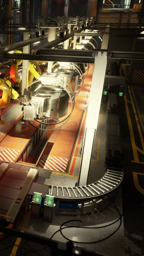 Factory workers use robotic arms to assemble parts in a busy production area Stock Footage 341056736