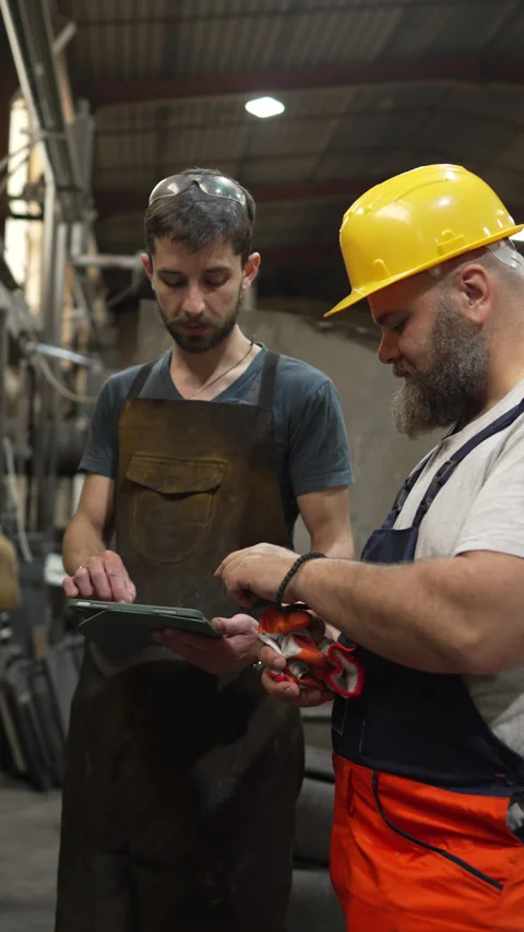 Factory workers using tablet for production planning Video stock 334723302