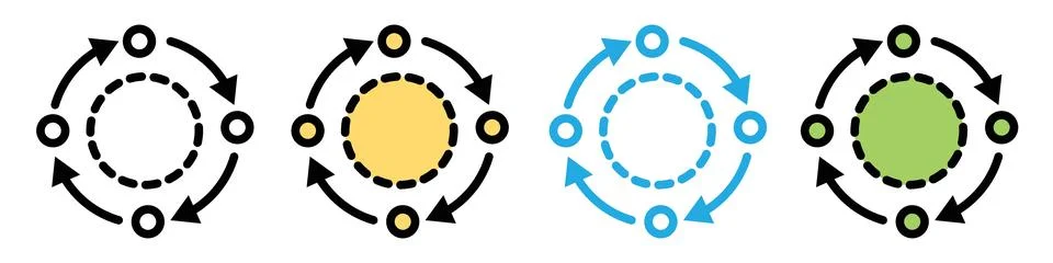 Factory Workflow Optimization Icons Depicting Sequential Processes and Effi.. Illustrazione stock