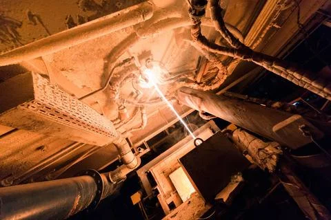 Factory workshop interior and machines on glass production background Glas... Foto stock